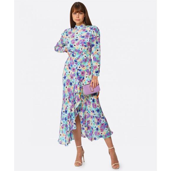 NWT RIXO Lilac link Floral 100% Silk Open Back Dani Maxi Dress Size US 10 - Picture 1 of 16